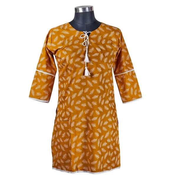 Leaf Print Tie-Neck Kurti By Khorgosh